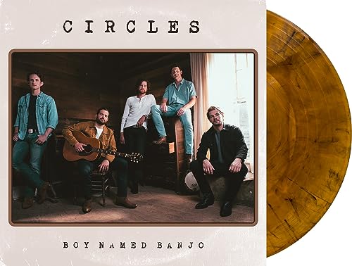 Boy Named Banjo album cover with band photo and marbled vinyl record.