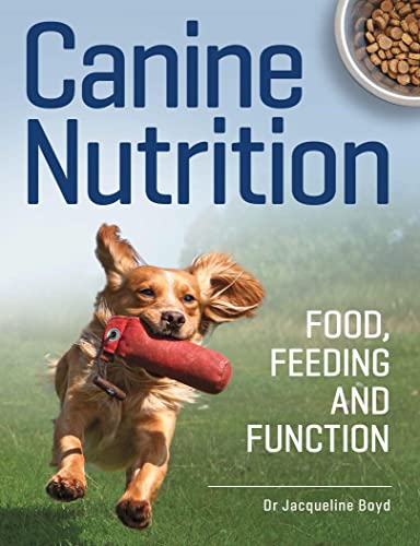 Book cover: "Canine Nutrition" with a running golden retriever puppy.