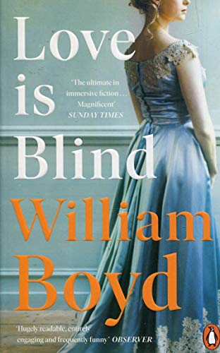 Book cover: woman in blue gown, title “Love is Blind” in white text.