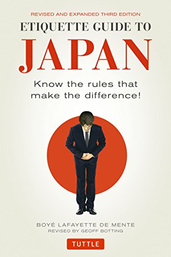 Book cover: "Etiquette Guide to Japan" with a bowing man in a suit.