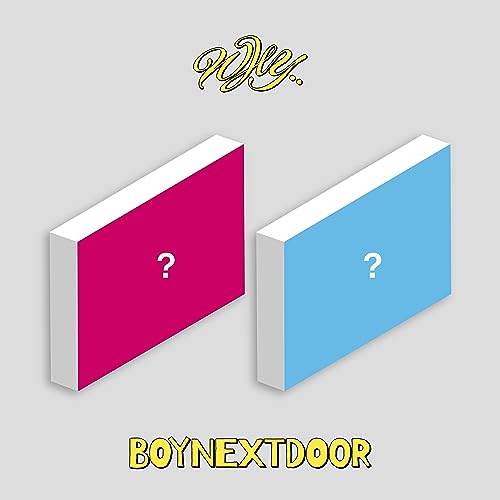 Boynextdoor “Why..” CD cover with pink and blue boxes, question marks.