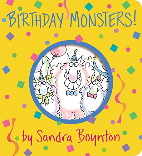 Yellow board book cover with cartoon monsters celebrating a birthday.