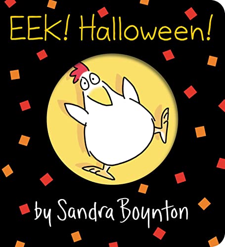 Black cover with a cartoon chicken and orange confetti, title "EEK! Halloween!".