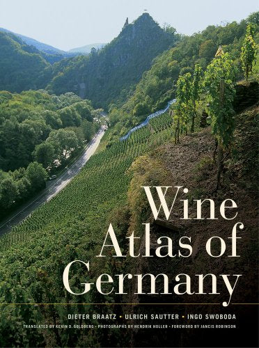 Book cover: "Wine Atlas of Germany" with vineyard and hillside landscape.