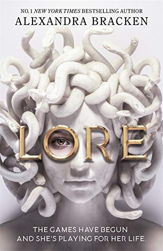 Book cover: stone face with snakes for hair, title “Lore”.