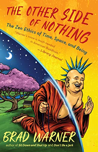 Book cover: illustrated monk with pink hair, split landscape background.