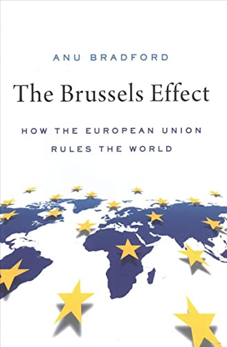 Book cover: "The Brussels Effect" with a world map and gold stars.