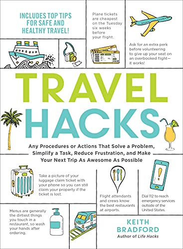 Book cover with travel illustrations and large green “TRAVEL HACKS” text.