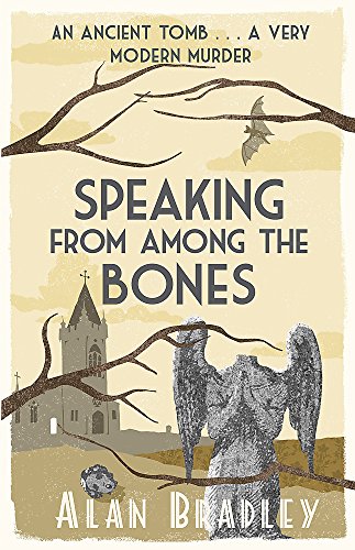 Book cover with a castle, branches, a bat, and a stone statue.