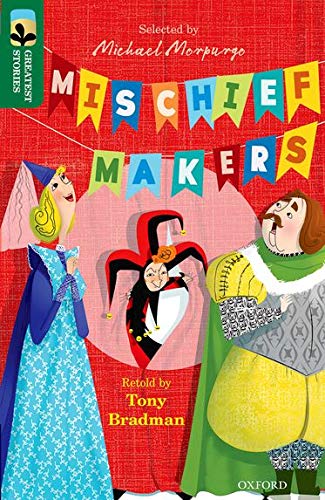 Book cover with illustrated princess, jester, and knight against red background.