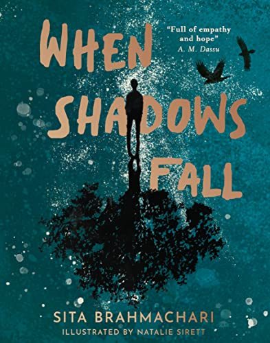 Book cover: “When Shadows Fall” with a silhouetted figure and birds.