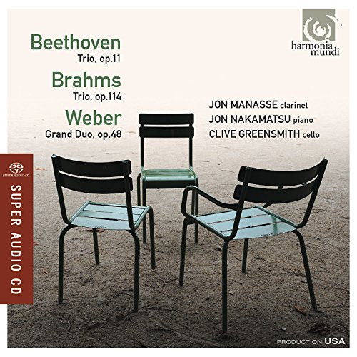 CD cover with black chairs on a sandy background, featuring Beethoven and Brahms.