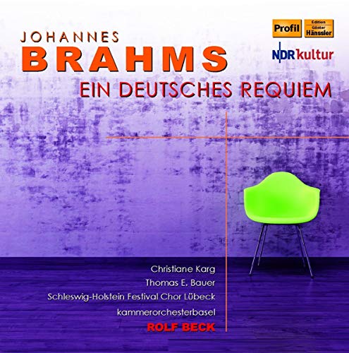 CD cover for Brahms’ “Ein Deutsches Requiem” with a green chair.