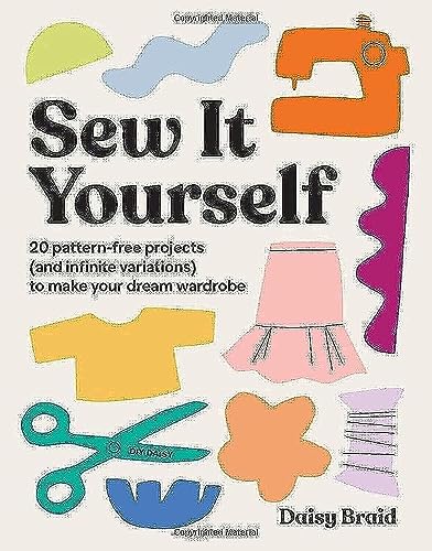 Book cover with sewing tools and garment shapes in bright colors.
