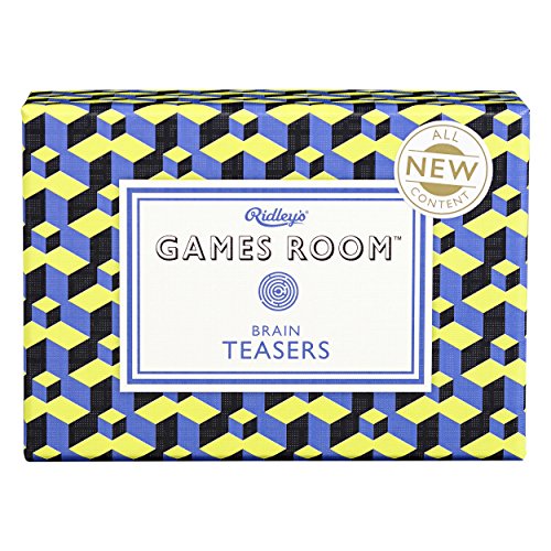 Rectangular "Brain Teasers" game box with blue and yellow geometric pattern.