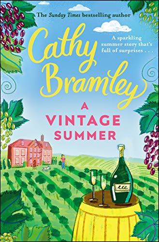Book cover: “A Vintage Summer” with vineyard, house, and wine glasses.