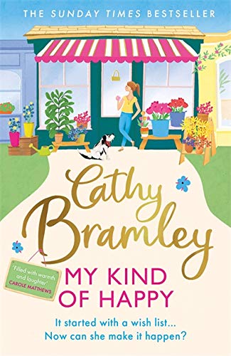 Book cover: illustrated cottage, woman with dog, title "My Kind of Happy.