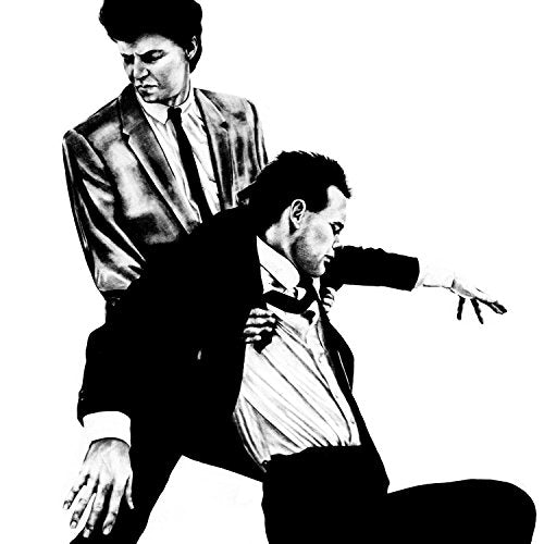 Black and white album cover featuring two men in suits, looking downward.