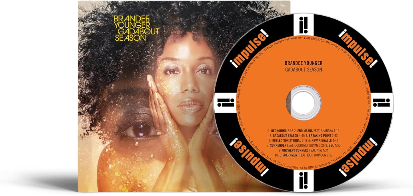 Brandee Younger Gadabout Season CD cover art featuring a portrait and an orange disc.