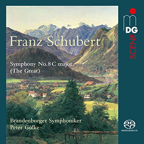 "CD cover with a painting of a village and mountains, teal border."