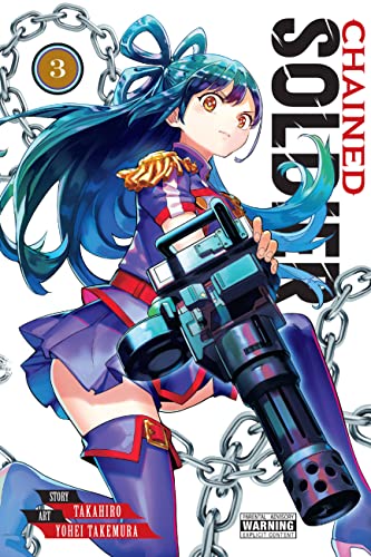 Anime girl with blue hair holds a large machine gun, manga volume 3.