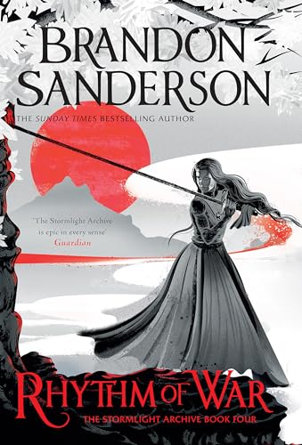 Book cover: "Rhythm of War" with a woman and a red, circular sun.