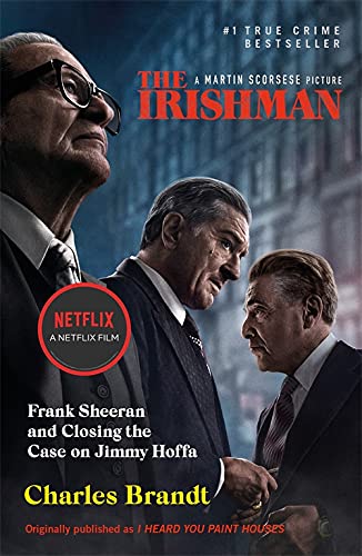 Book cover featuring three older men in suits, titled "The Irishman.