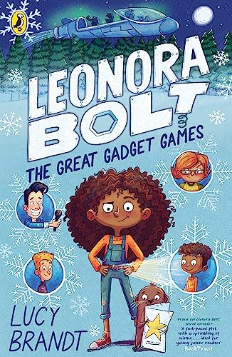 Book cover: “Leonora Bolt: The Great Gadget Games” with children and gadgets.