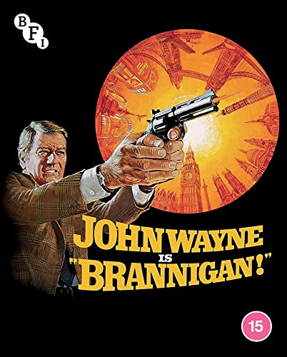 Brannigan Blu-ray cover featuring John Wayne holding a gun, orange sunburst.