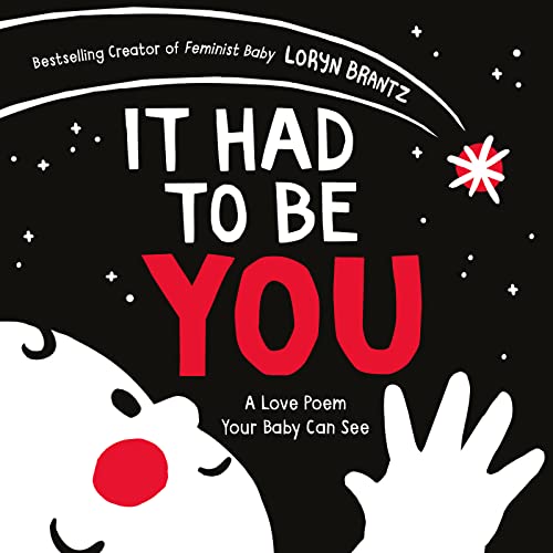 Book cover with black background, white text, red accents, and a cartoon baby face.
