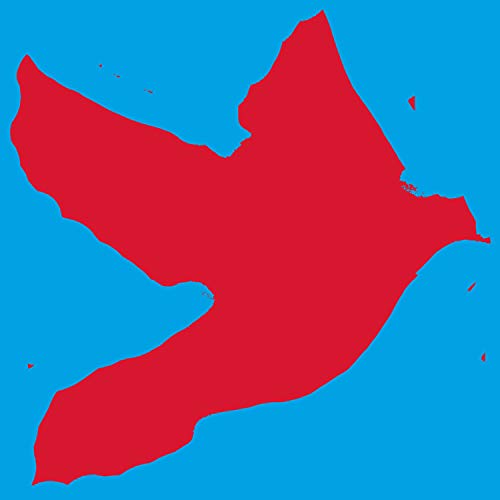 Red abstract bird shape against a bright blue background.