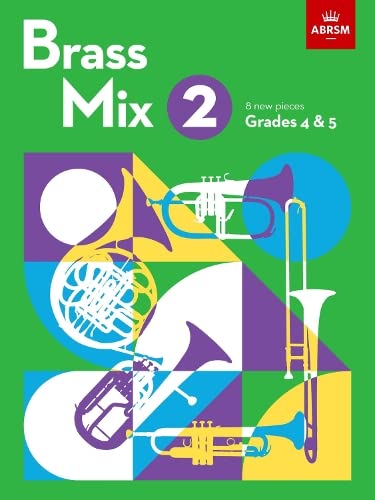 Sheet music cover with colorful, abstract illustrations of brass instruments.
