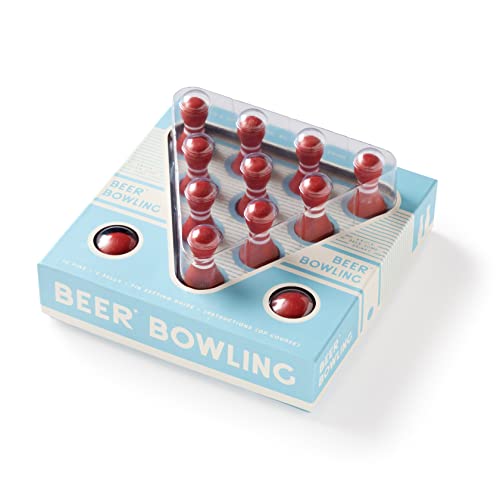 Red bowling pins in a blue box, tabletop game set.