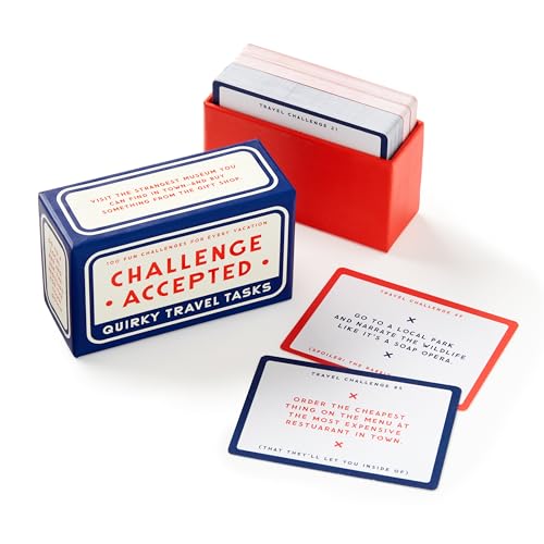 Challenge Accepted travel task card deck with box, open container, and two sample cards.