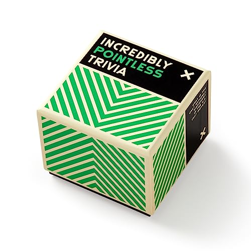 A square box labeled Incredibly Pointless Trivia with a green and cream chevron pattern.