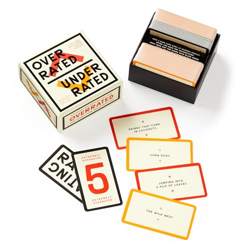 Card game box and cards with "Overrated/Underrated" text in bold colors.
