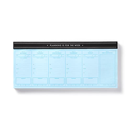 Weekly planner pad with light blue pages and black border.