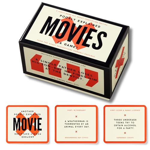 Black box game, “Poorly Explained Movies,” with three sample cards nearby.