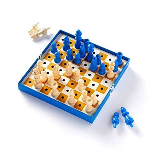 Blue and white travel chess set with wooden pieces, partially set up.