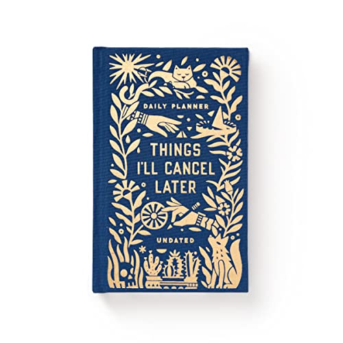 Blue mini planner with gold floral design and text reading "Things I'll Cancel Later.