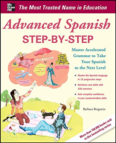 Book cover: “Advanced Spanish Step-by-Step” with illustrated scene of people.