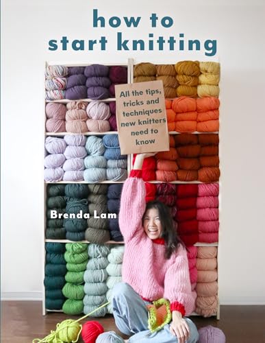 Book cover with yarn, knitting needles, and a person wearing a pink sweater.