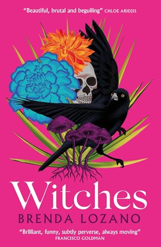 Book cover: skull, raven, flowers, and mushrooms on a pink background.