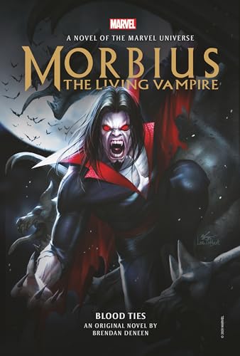 Morbius, a vampire with red eyes, on a novel cover with a dark background.