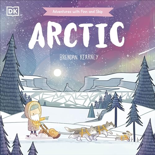 A person in winter gear sleds with three dogs under a colorful aurora sky.