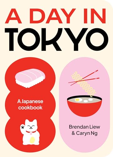 Cookbook cover with sushi, ramen, a cat, and bold text.