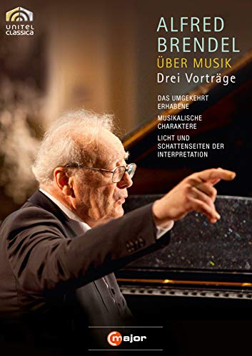 Alfred Brendel lecturing at a piano, DVD cover art.