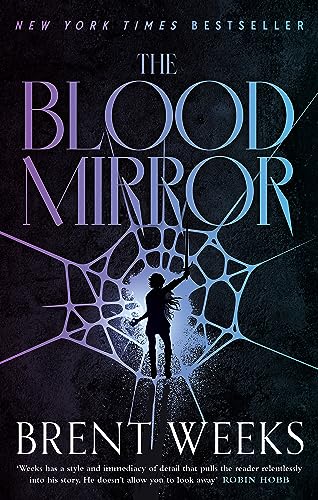 Book cover: "The Blood Mirror" with a silhouetted figure and cracked web.