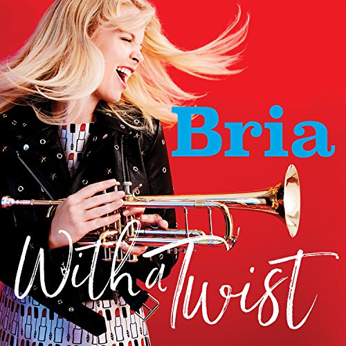 Blonde woman playing a golden trumpet against a red background.
