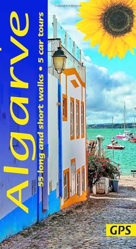 Cover of Algarve Sunflower walking guide featuring a coastal street scene and large sunflower.